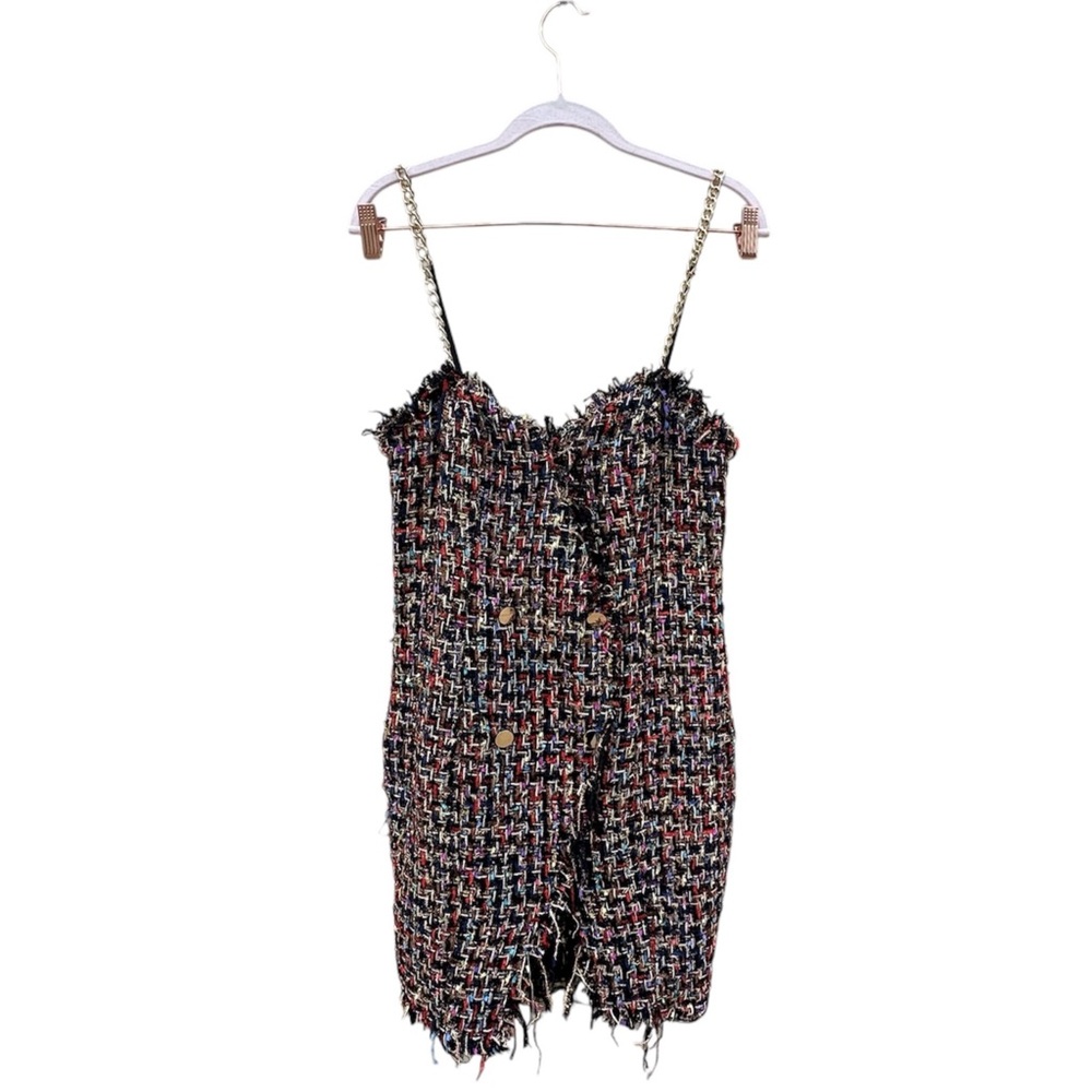 Kaylee Kollection Boucle Tweed Chain Strap Mini Dress Multicolor Medium